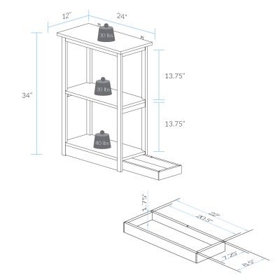 Hidden Compartment Furniture Design - Adams 3-Shelf Bookcase Dimension